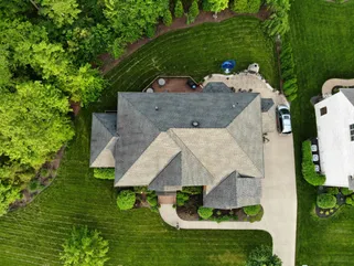 Aerial view of residential roof replacement in Southwest Washington